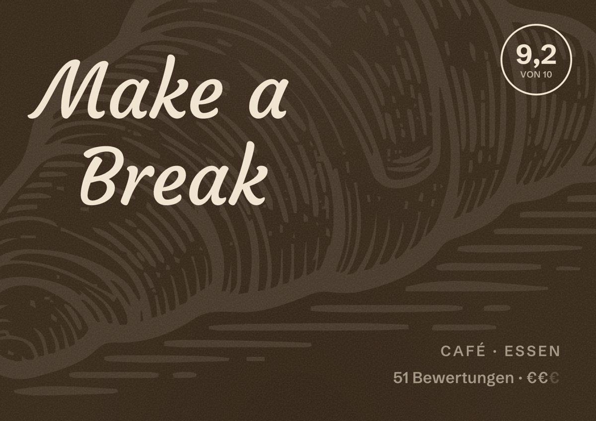 Illustriertes Poster von Make a Break, Café in Essen: Bewertung 9,2 von 10 aus 51 Bewertungen, Preisniveau €€