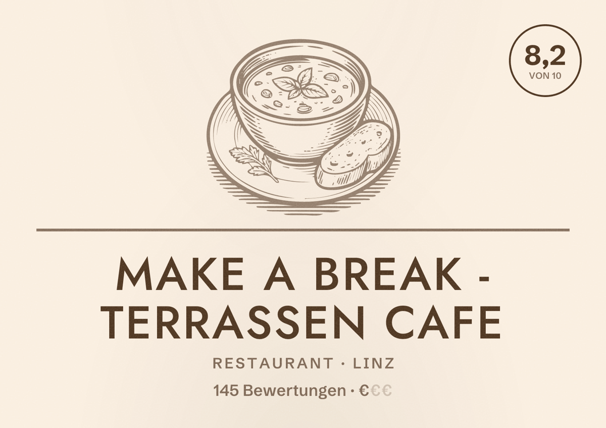 Illustriertes Poster von Make a Break - Terrassen Cafe, Restaurant in Linz: Bewertung 8,2 von 10 aus 145 Bewertungen, Preisniveau €