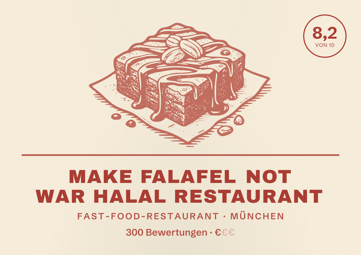 Illustriertes Poster von Make Falafel Not War Halal Restaurant, Fast-Food-Restaurant in München: Bewertung 8,2 von 10 aus 300 Bewertungen, Preisniveau €