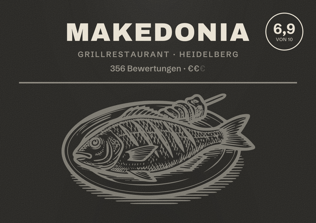 Illustriertes Poster von Makedonia, Grillrestaurant in Heidelberg: Bewertung 6,9 von 10 aus 356 Bewertungen, Preisniveau €€