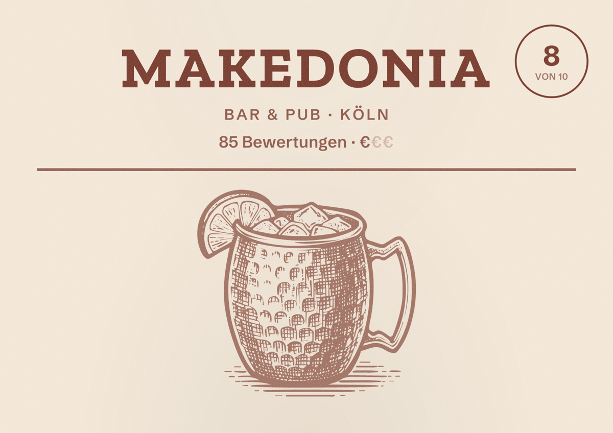 Illustriertes Poster von Makedonia, Bar & Pub in Köln: Bewertung 8,0 von 10 aus 85 Bewertungen, Preisniveau €