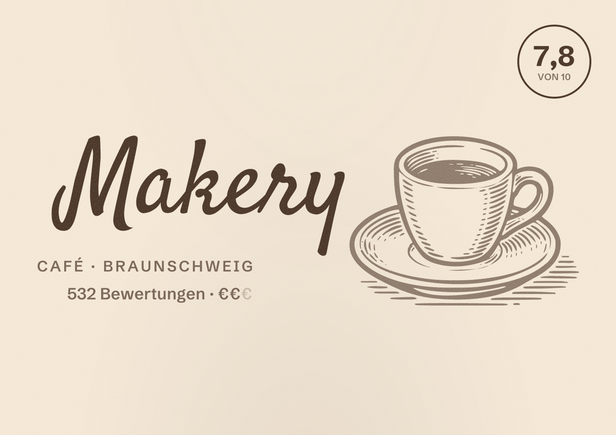 Illustriertes Poster von Makery, Café in Braunschweig: Bewertung 7,8 von 10 aus 532 Bewertungen, Preisniveau €€