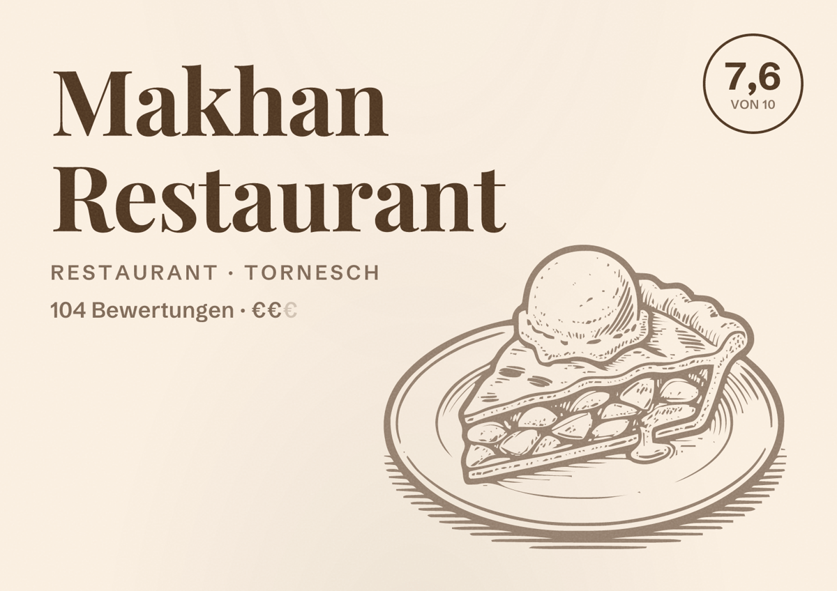 Illustriertes Poster von Makhan Restaurant, Restaurant in Tornesch: Bewertung 7,6 von 10 aus 104 Bewertungen, Preisniveau €€