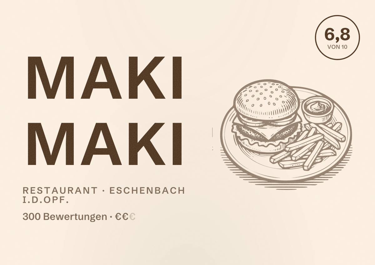 Illustriertes Poster von Maki Maki, Restaurant in Eschenbach i.d.OPf.: Bewertung 6,8 von 10 aus 300 Bewertungen, Preisniveau €€