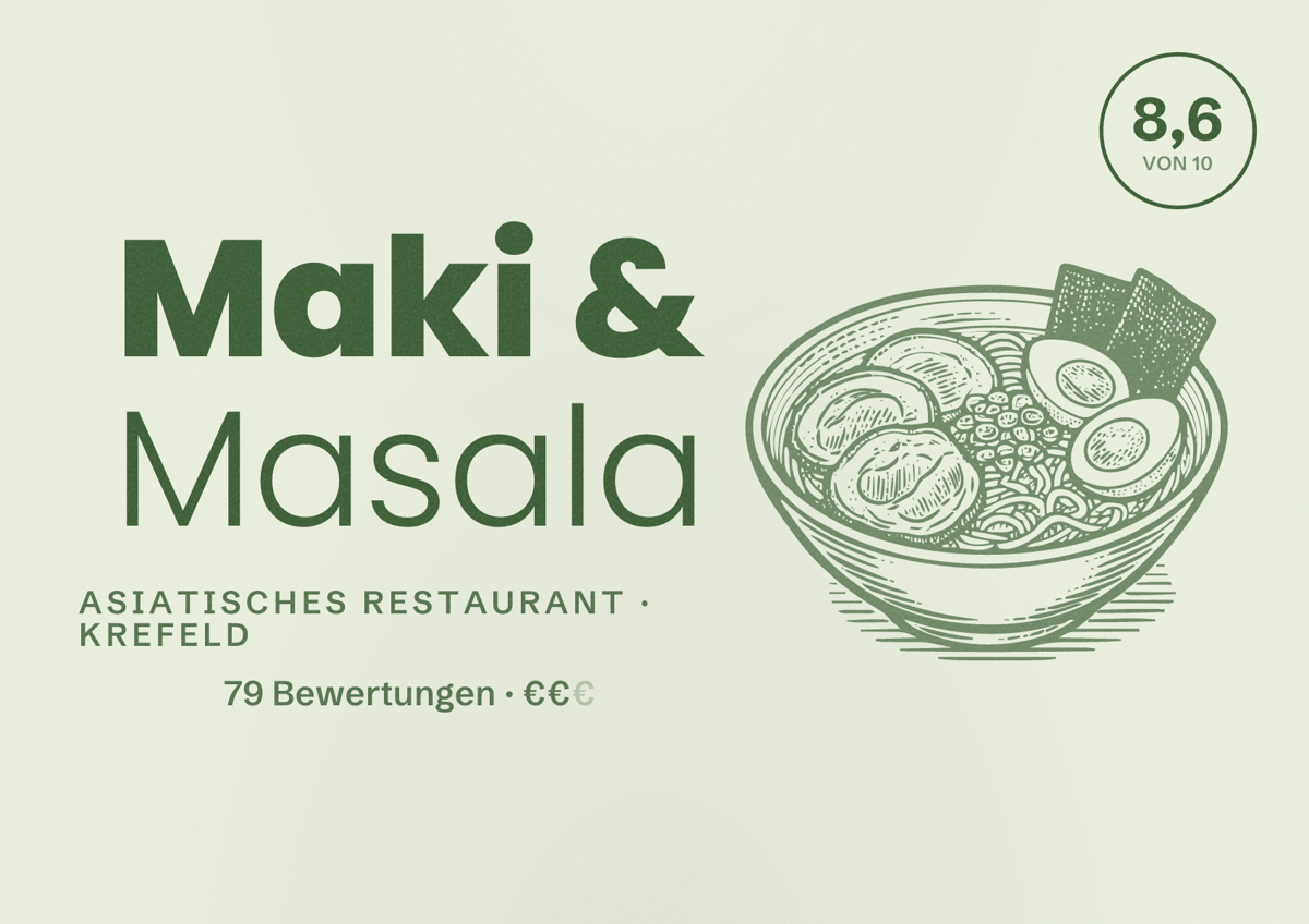 Illustriertes Poster von Maki & Masala, Asiatisches Restaurant in Krefeld: Bewertung 8,6 von 10 aus 79 Bewertungen, Preisniveau €€