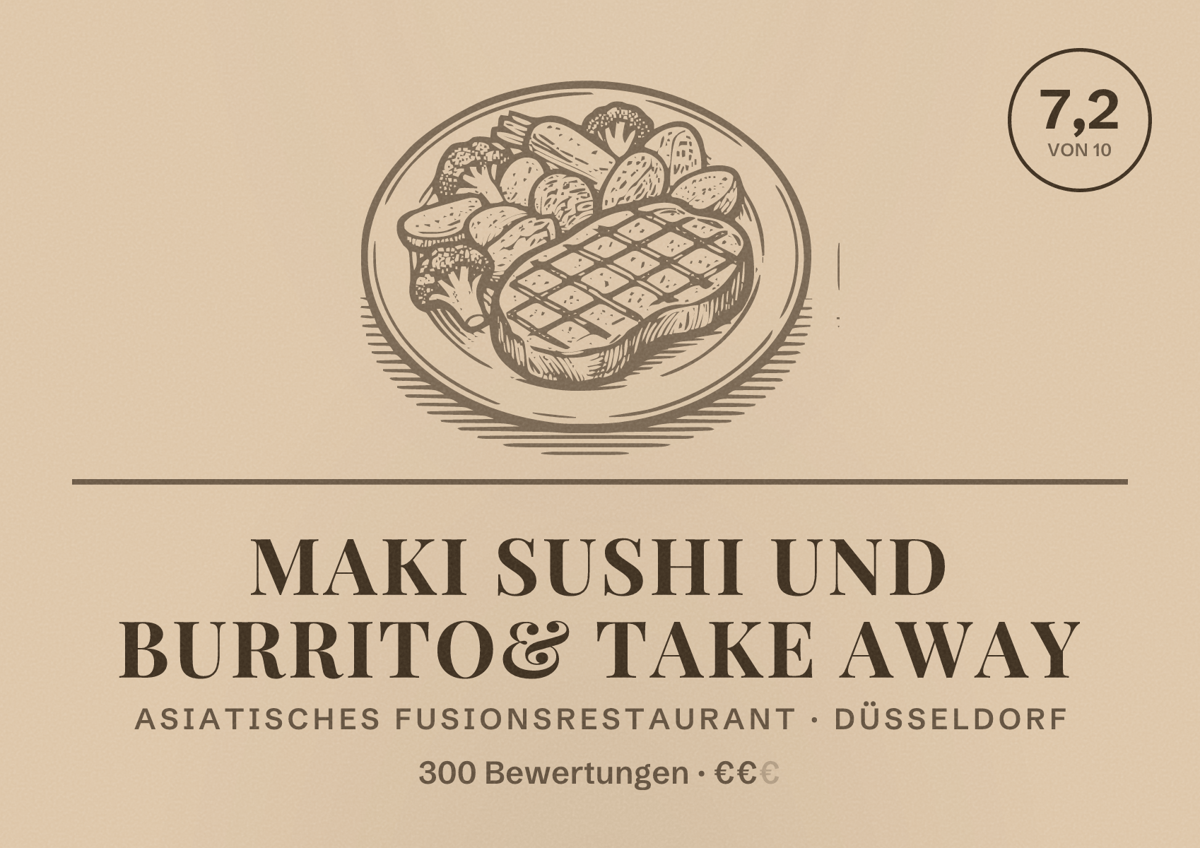 Illustriertes Poster von MAKI Sushi und Burrito& Take Away, Asiatisches Fusionsrestaurant in Düsseldorf: Bewertung 7,2 von 10 aus 300 Bewertungen, Preisniveau €€