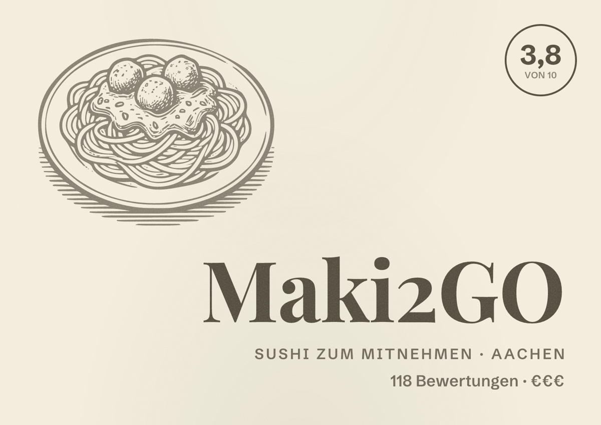 Illustriertes Poster von Maki2GO, Sushi zum Mitnehmen in Aachen: Bewertung 3,8 von 10 aus 118 Bewertungen, Preisniveau €€€