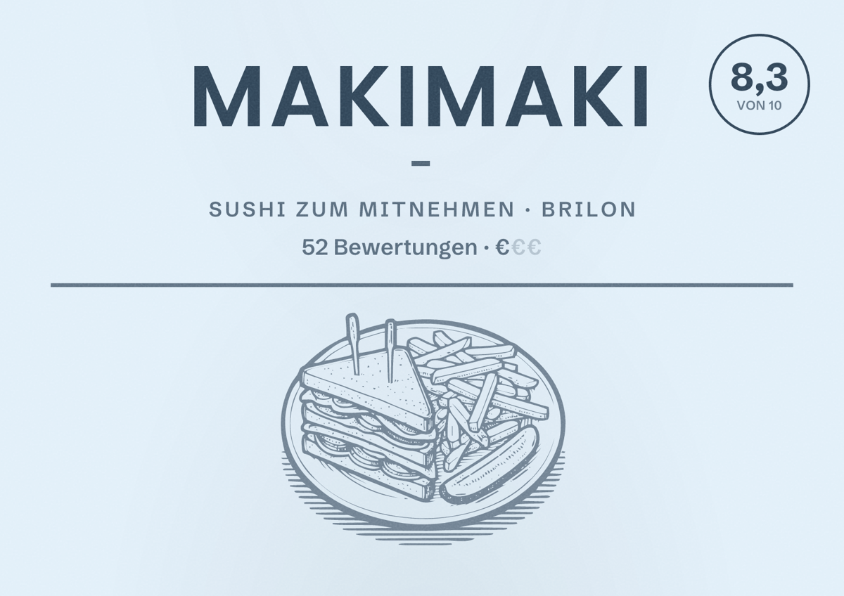 Illustriertes Poster von MakiMaki -, Sushi zum Mitnehmen in Brilon: Bewertung 8,3 von 10 aus 52 Bewertungen, Preisniveau €