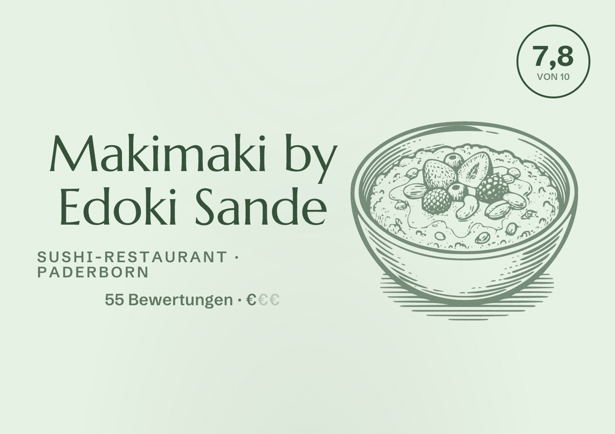 Illustriertes Poster von Makimaki by Edoki Sande, Sushi-Restaurant in Paderborn: Bewertung 7,8 von 10 aus 55 Bewertungen, Preisniveau €