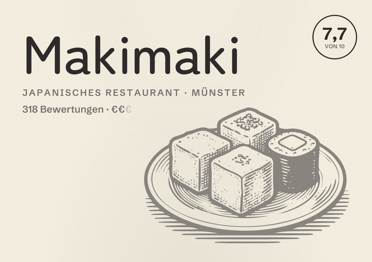 Illustriertes Poster von Makimaki, Japanisches Restaurant in Münster: Bewertung 7,7 von 10 aus 318 Bewertungen, Preisniveau €€