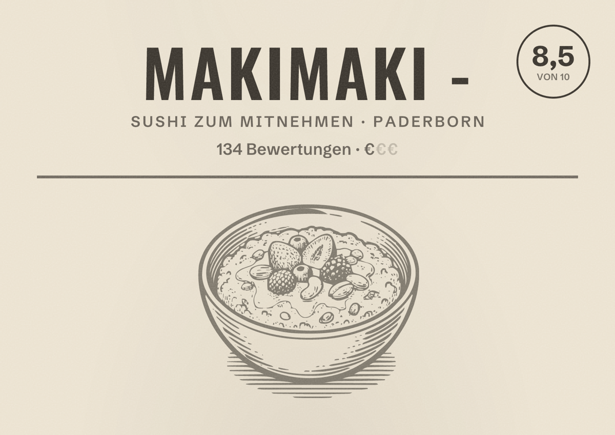 Illustriertes Poster von MakiMaki -, Sushi zum Mitnehmen in Paderborn: Bewertung 8,5 von 10 aus 134 Bewertungen, Preisniveau €