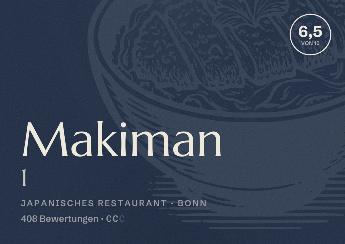 Illustriertes Poster von Makiman 1, Japanisches Restaurant in Bonn: Bewertung 6,5 von 10 aus 408 Bewertungen, Preisniveau €€
