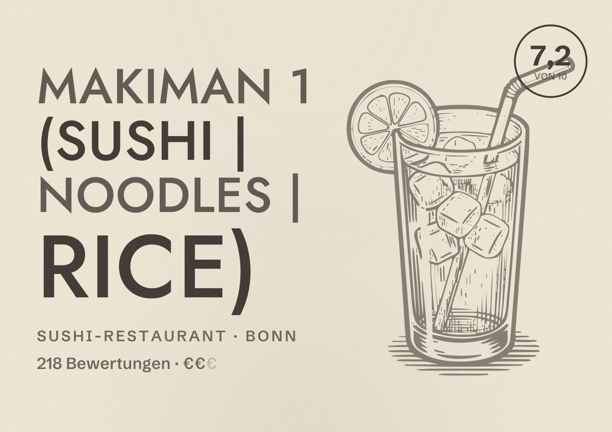 Illustriertes Poster von MAKIMAN 1 (Sushi | Noodles | Rice), Sushi-Restaurant in Bonn: Bewertung 7,2 von 10 aus 218 Bewertungen, Preisniveau €€
