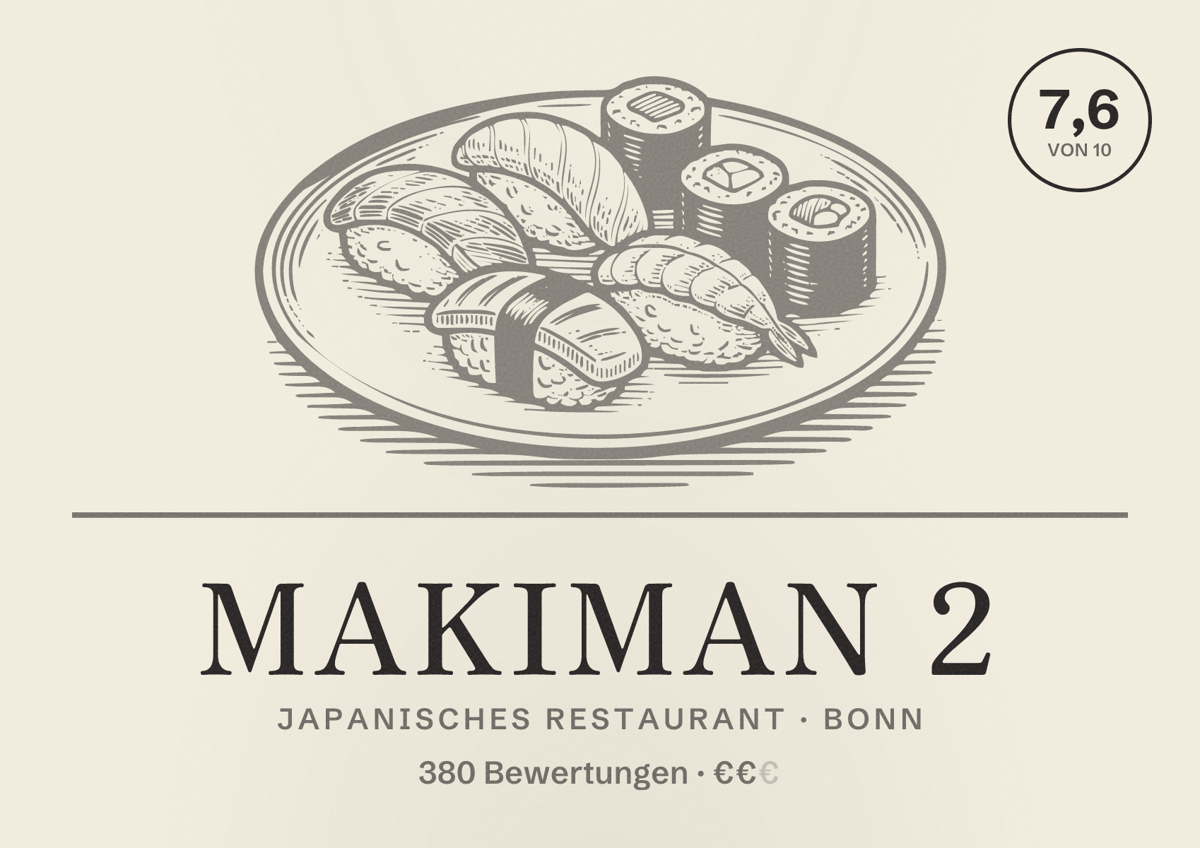 Illustriertes Poster von Makiman 2, Japanisches Restaurant in Bonn: Bewertung 7,6 von 10 aus 380 Bewertungen, Preisniveau €€