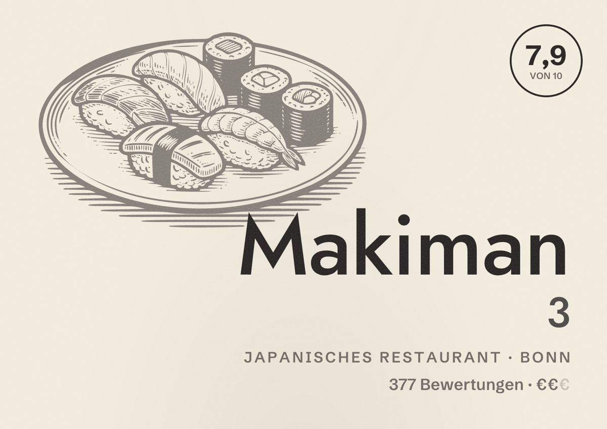 Illustriertes Poster von Makiman 3, Japanisches Restaurant in Bonn: Bewertung 7,9 von 10 aus 377 Bewertungen, Preisniveau €€
