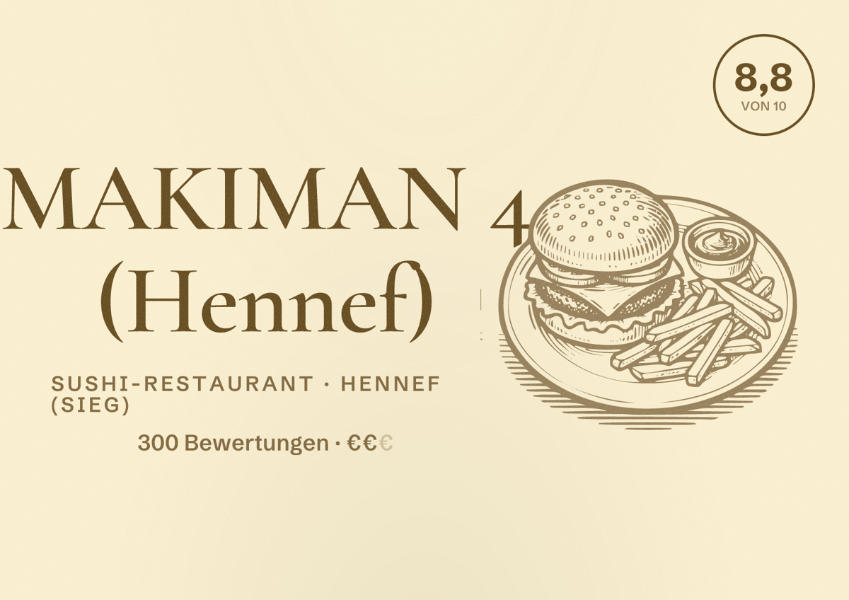 Illustriertes Poster von MAKIMAN 4 (Hennef), Sushi-Restaurant in Hennef (Sieg): Bewertung 8,8 von 10 aus 300 Bewertungen, Preisniveau €€