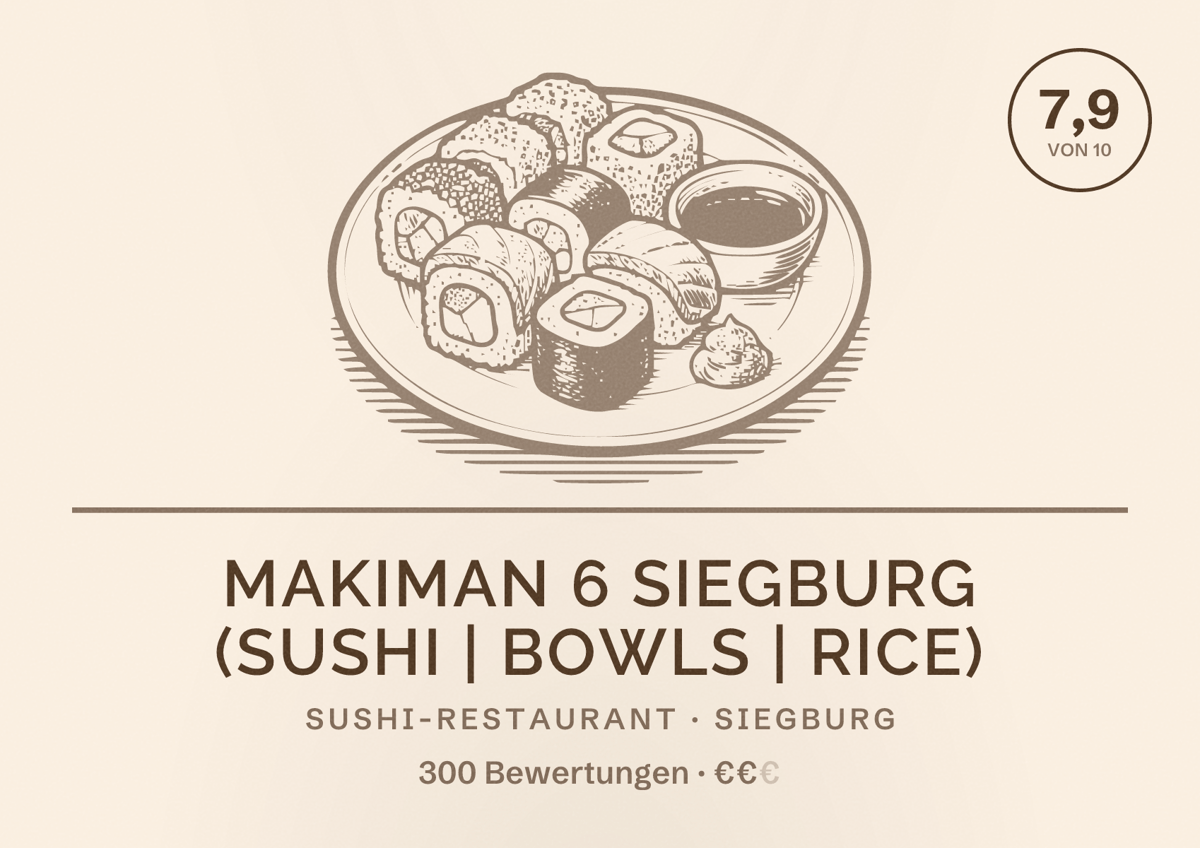 Illustriertes Poster von MAKIMAN 6 Siegburg (Sushi | Bowls | Rice), Sushi-Restaurant in Siegburg: Bewertung 7,9 von 10 aus 300 Bewertungen, Preisniveau €€