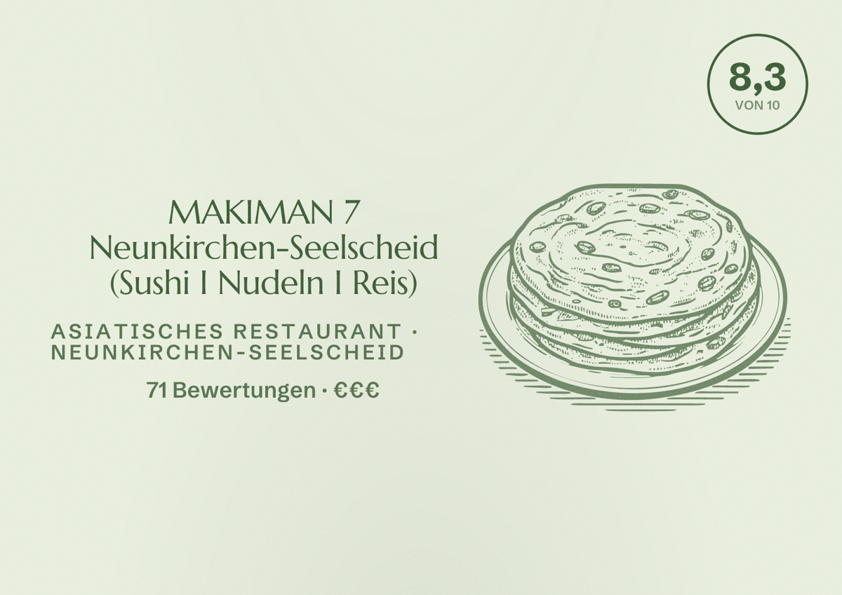 Illustriertes Poster von MAKIMAN 7 Neunkirchen-Seelscheid (Sushi I Nudeln I Reis), Asiatisches Restaurant in Neunkirchen-Seelscheid: Bewertung 8,3 von 10 aus 71 Bewertungen, Preisniveau €€€