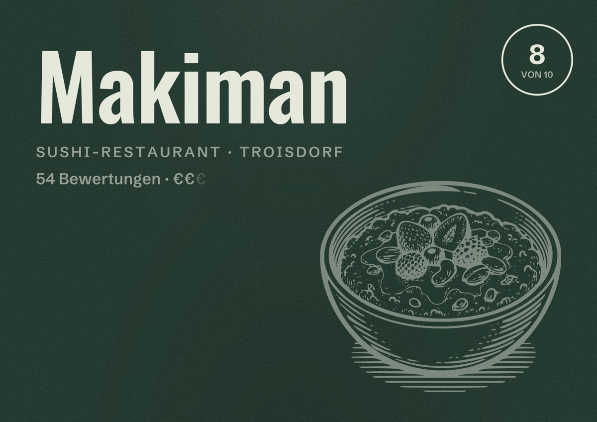 Illustriertes Poster von Makiman, Sushi-Restaurant in Troisdorf: Bewertung 8 von 10 aus 54 Bewertungen, Preisniveau €€