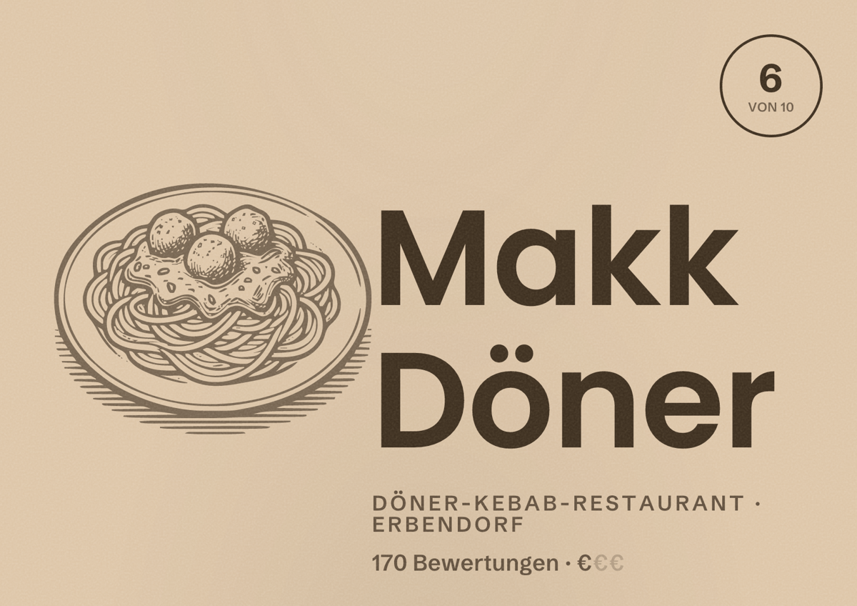 Illustriertes Poster von Makk Döner, Döner-Kebab-Restaurant in Erbendorf: Bewertung 6 von 10 aus 170 Bewertungen, Preisniveau €