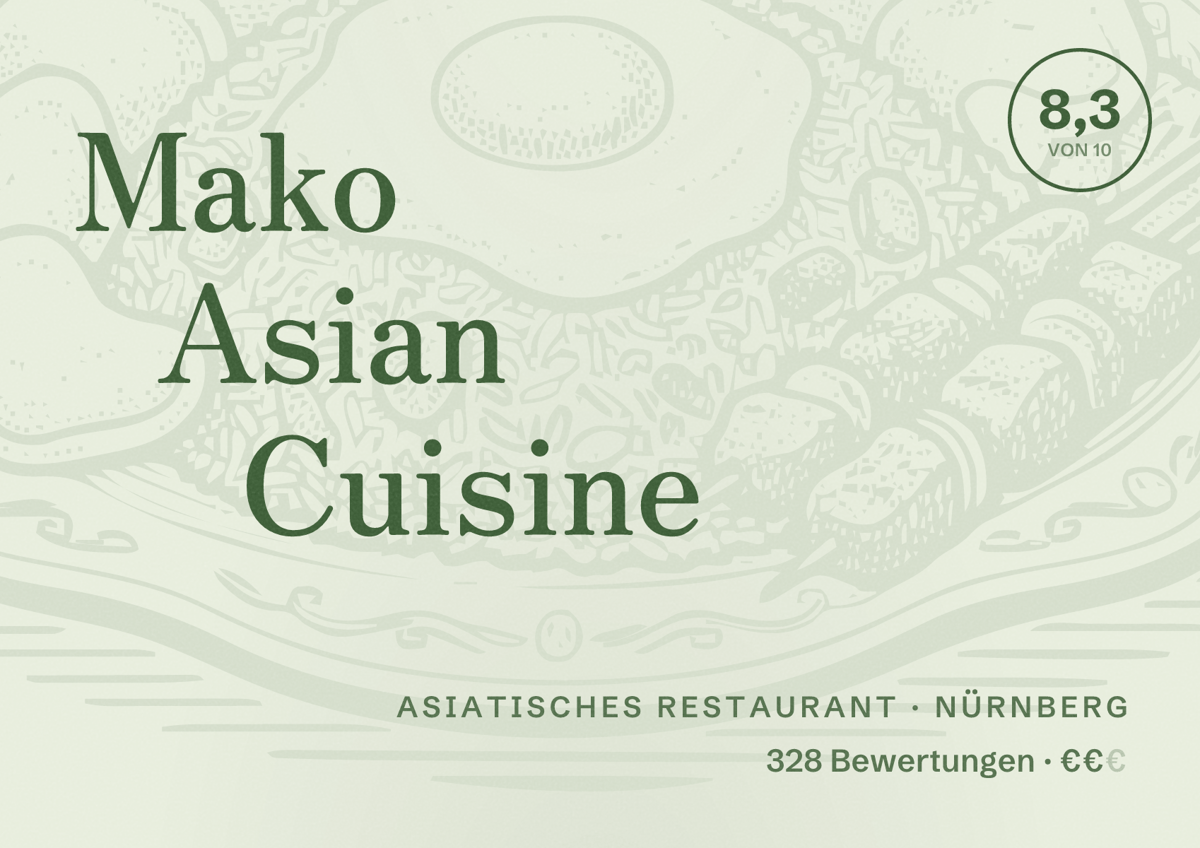 Illustriertes Poster von Mako Asian Cuisine, Asiatisches Restaurant in Nürnberg: Bewertung 8,3 von 10 aus 328 Bewertungen, Preisniveau €€