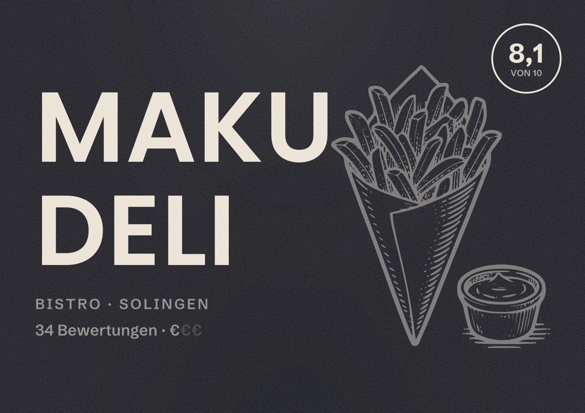 Illustriertes Poster von MAKU Deli, Bistro in Solingen: Bewertung 8,1 von 10 aus 34 Bewertungen, Preisniveau €