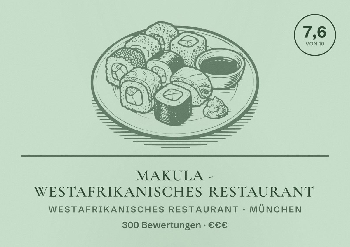 Illustriertes Poster von Makula - westafrikanisches Restaurant, Westafrikanisches Restaurant in München: Bewertung 7,6 von 10 aus 300 Bewertungen, Preisniveau €€€