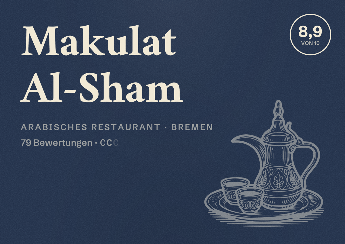 Illustriertes Poster von Makulat Al-Sham, Arabisches Restaurant in Bremen: Bewertung 8,9 von 10 aus 79 Bewertungen, Preisniveau €€