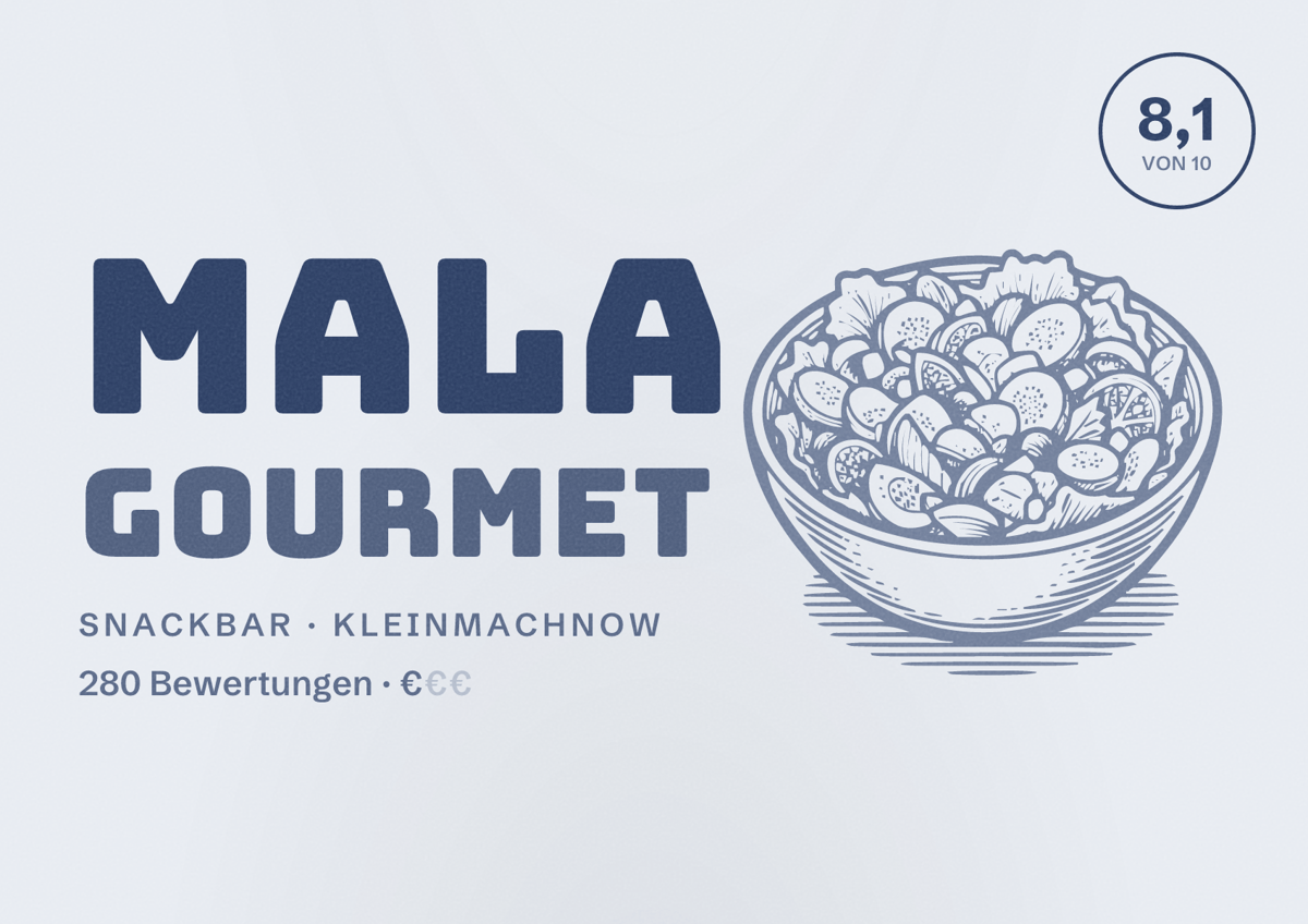 Illustriertes Poster von Mala Gourmet, Snackbar in Kleinmachnow: Bewertung 8,1 von 10 aus 280 Bewertungen, Preisniveau €