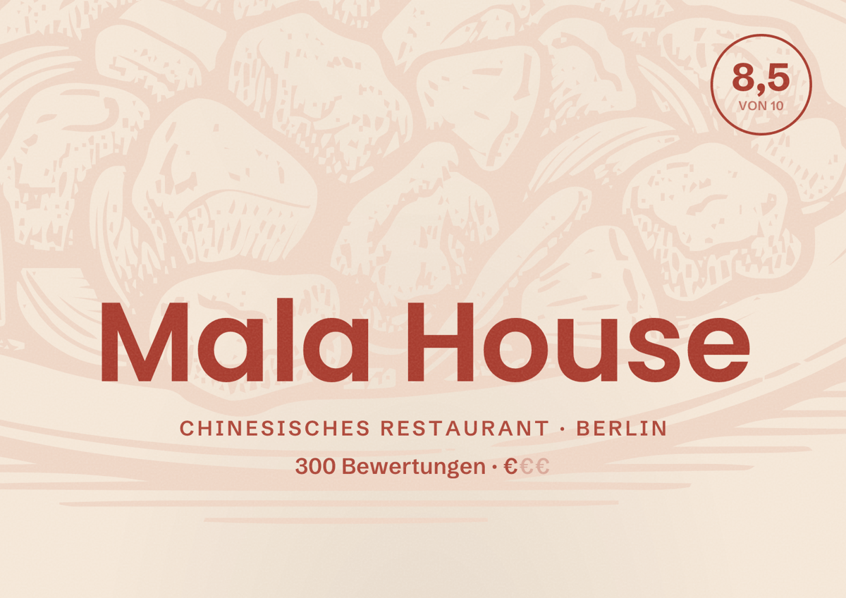 Illustriertes Poster von Mala House, Chinesisches Restaurant in Berlin: Bewertung 8,5 von 10 aus 300 Bewertungen, Preisniveau €