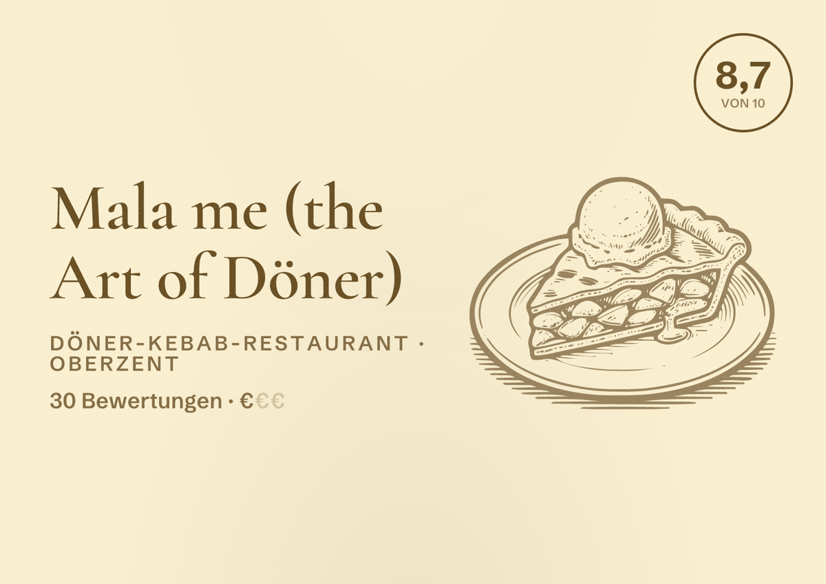 Illustriertes Poster von Mala me (the Art of Döner), Döner-Kebab-Restaurant in Oberzent: Bewertung 8,7 von 10 aus 30 Bewertungen, Preisniveau €