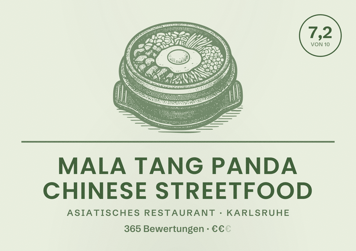 Illustriertes Poster von Mala Tang Panda Chinese Streetfood, Asiatisches Restaurant in Karlsruhe: Bewertung 7,2 von 10 aus 365 Bewertungen, Preisniveau €€