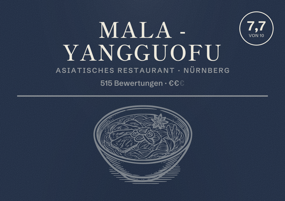 Illustriertes Poster von MALA - Yangguofu, Asiatisches Restaurant in Nürnberg: Bewertung 7,7 von 10 aus 515 Bewertungen, Preisniveau €€