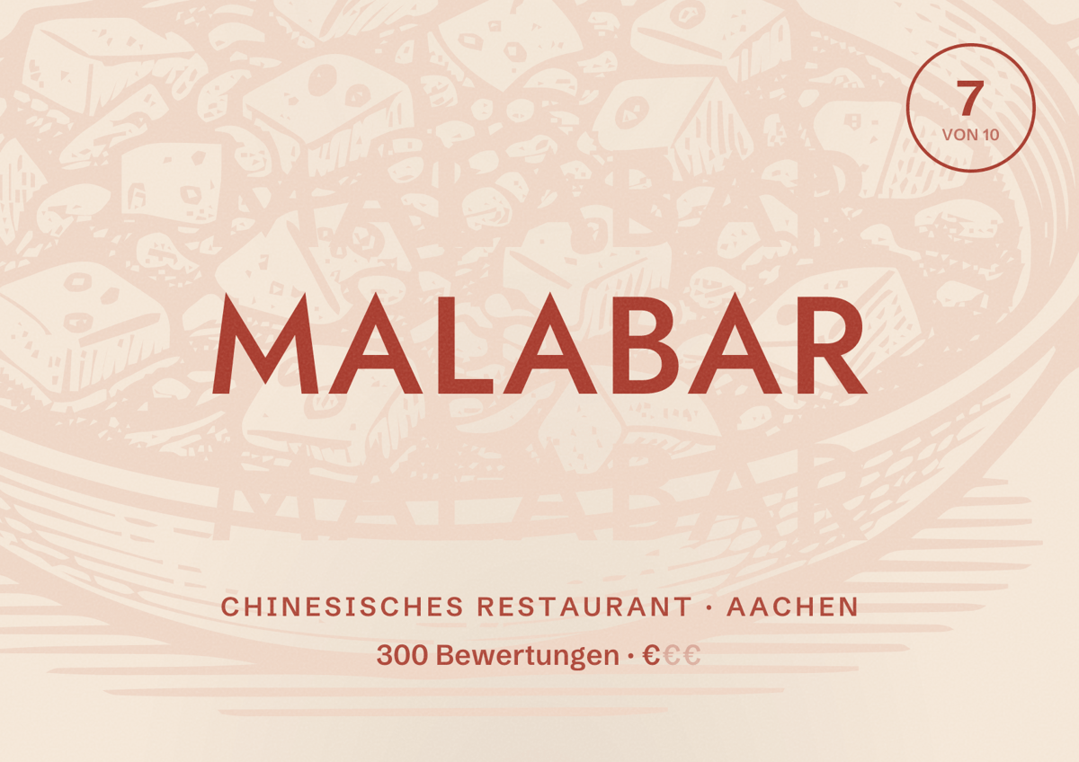 Illustriertes Poster von MalaBar, Chinesisches Restaurant in Aachen: Bewertung 7,0 von 10 aus 300 Bewertungen, Preisniveau €