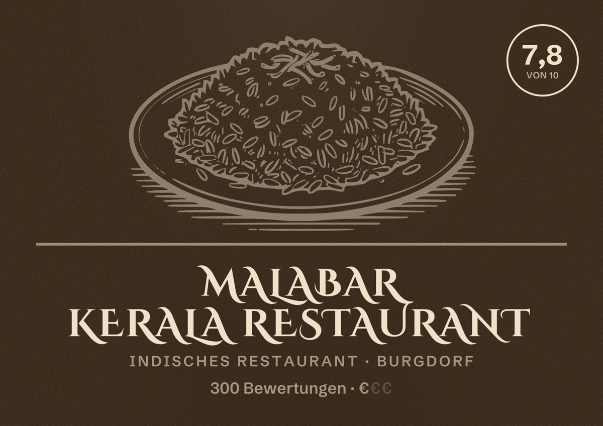 Illustriertes Poster von Malabar Kerala Restaurant, Indisches Restaurant in Burgdorf: Bewertung 7,8 von 10 aus 300 Bewertungen, Preisniveau €