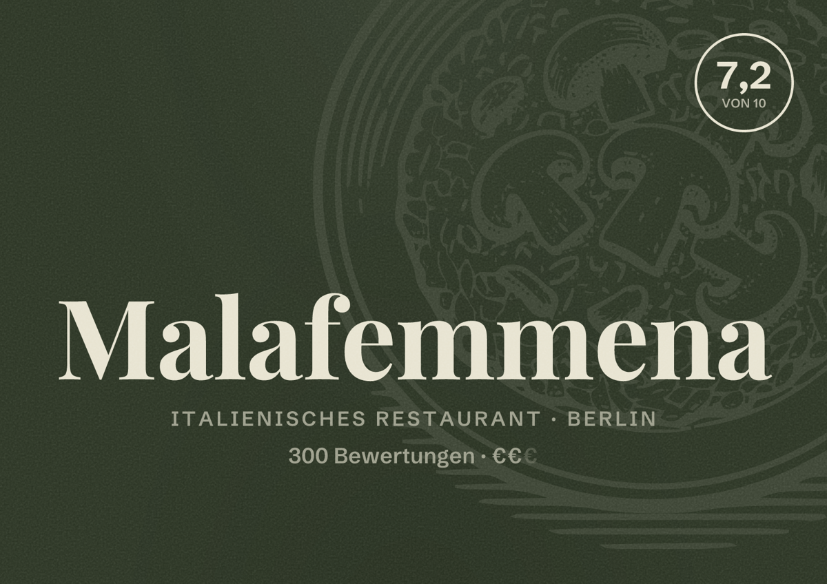 Illustriertes Poster von Malafemmena, Italienisches Restaurant in Berlin: Bewertung 7,2 von 10 aus 300 Bewertungen, Preisniveau €€