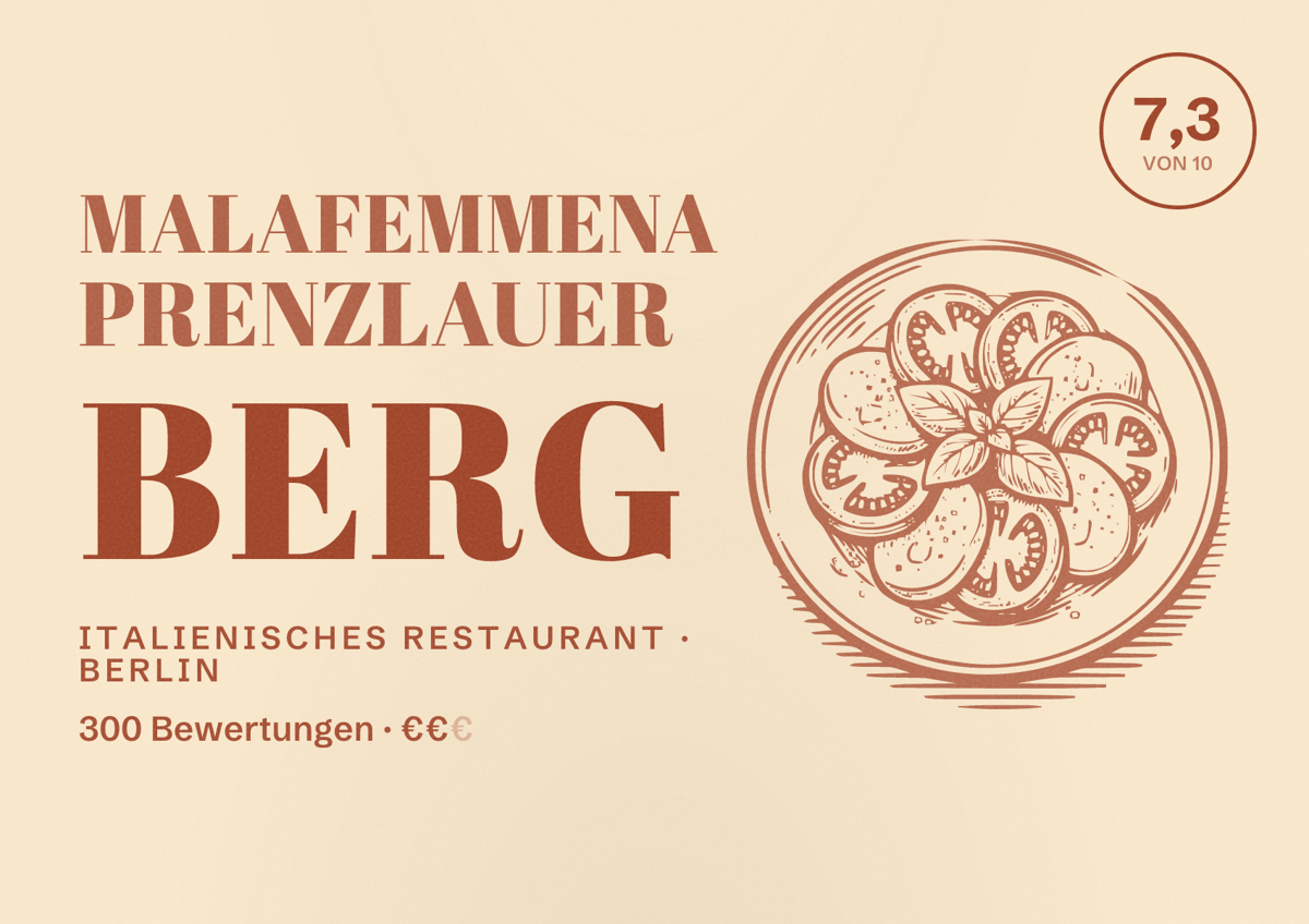 Illustriertes Poster von Malafemmena Prenzlauer Berg, Italienisches Restaurant in Berlin: Bewertung 7,3 von 10 aus 300 Bewertungen, Preisniveau €€