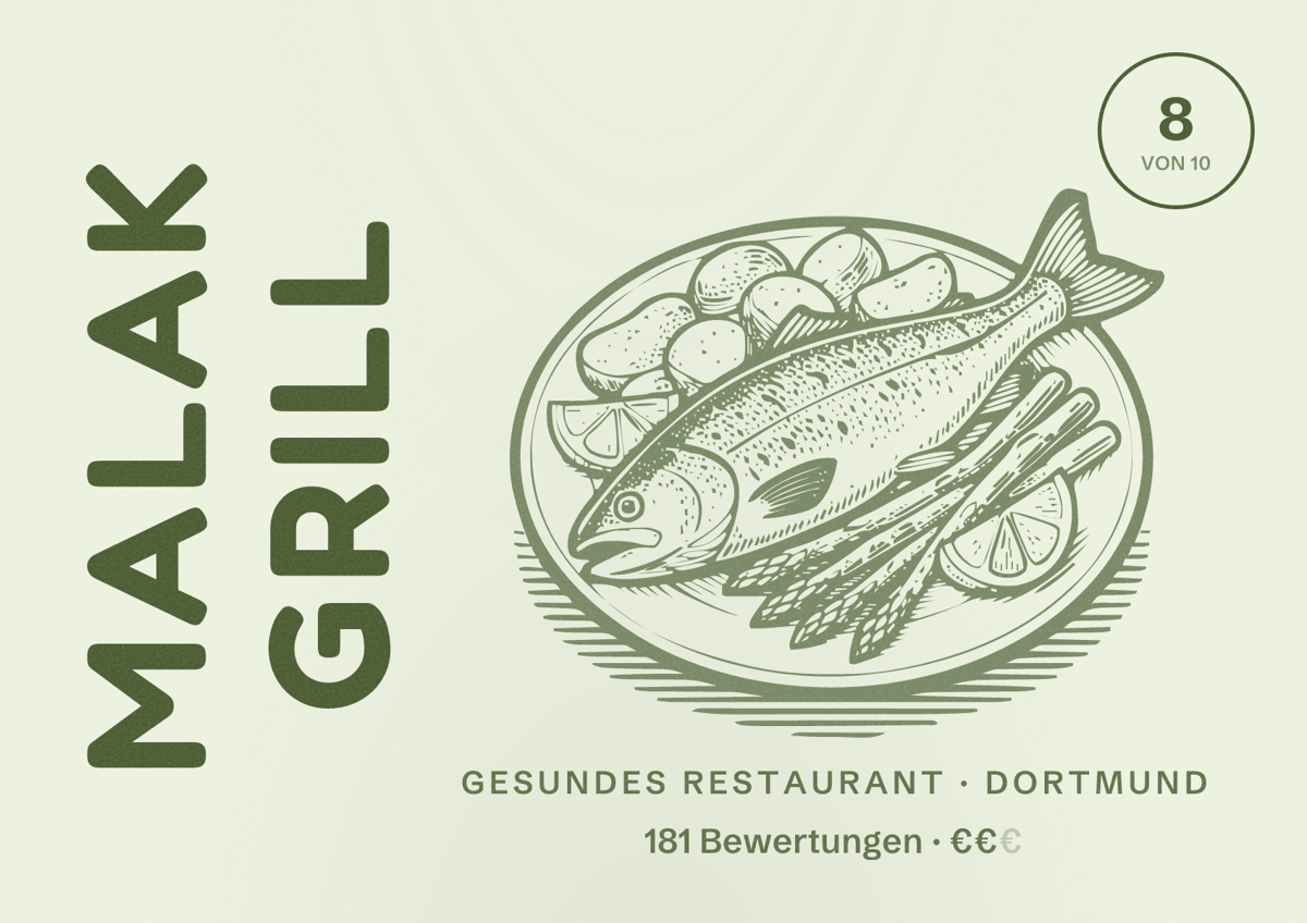 Illustriertes Poster von Malak Grill, Gesundes Restaurant in Dortmund: Bewertung 8 von 10 aus 181 Bewertungen, Preisniveau €€