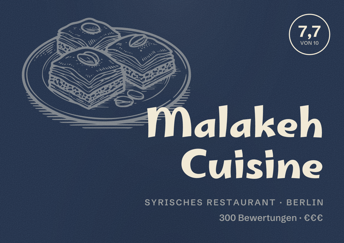 Illustriertes Poster von Malakeh Cuisine, Syrisches Restaurant in Berlin: Bewertung 7,7 von 10 aus 300 Bewertungen, Preisniveau €€€