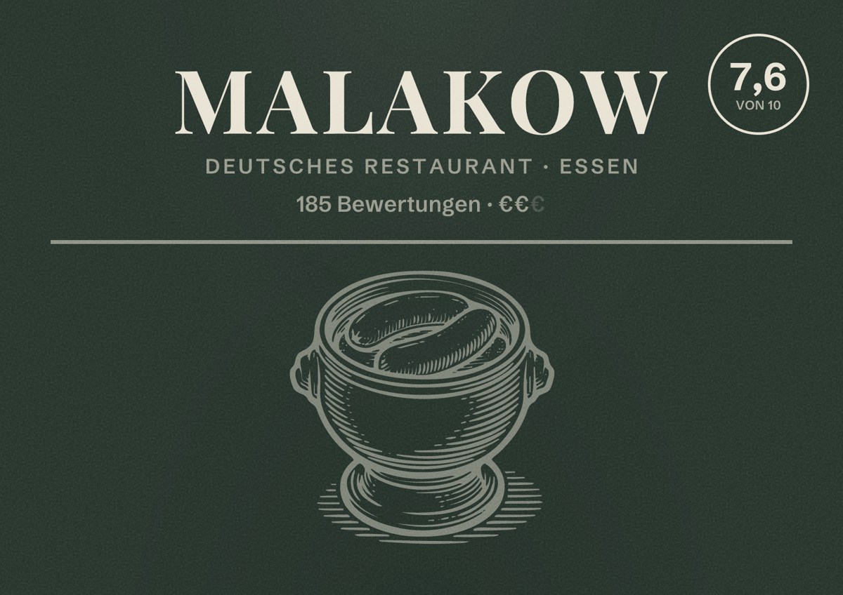 Illustriertes Poster von Malakow, Deutsches Restaurant in Essen: Bewertung 7,6 von 10 aus 185 Bewertungen, Preisniveau €€