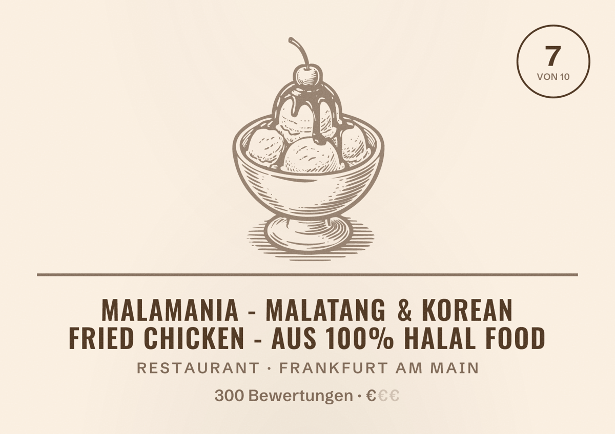 Illustriertes Poster von Malamania - Malatang & Korean Fried Chicken - aus 100% Halal Food, Restaurant in Frankfurt am Main: Bewertung 7,0 von 10 aus 300 Bewertungen, Preisniveau €