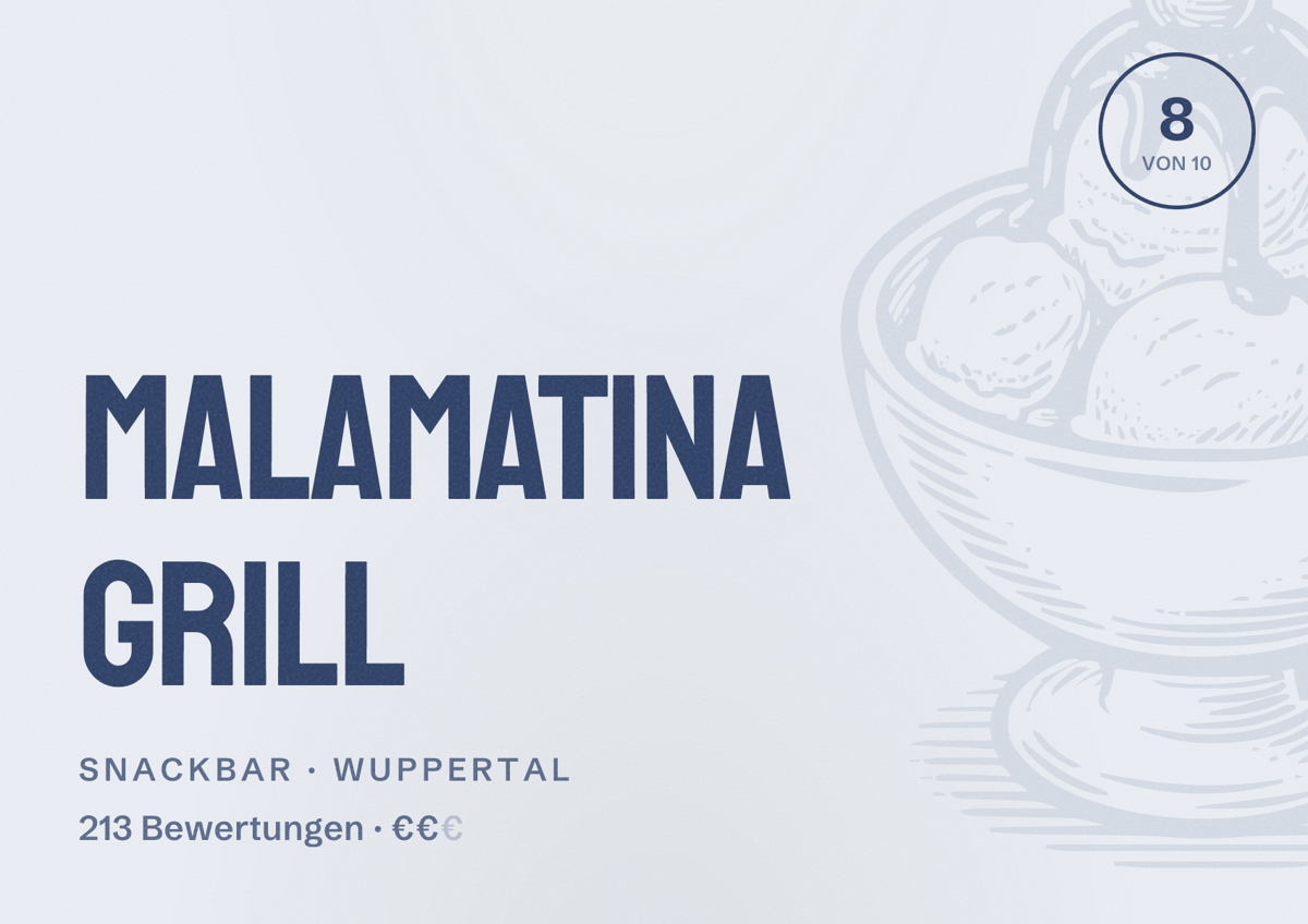 Illustriertes Poster von Malamatina Grill, Snackbar in Wuppertal: Bewertung 8 von 10 aus 213 Bewertungen, Preisniveau €€
