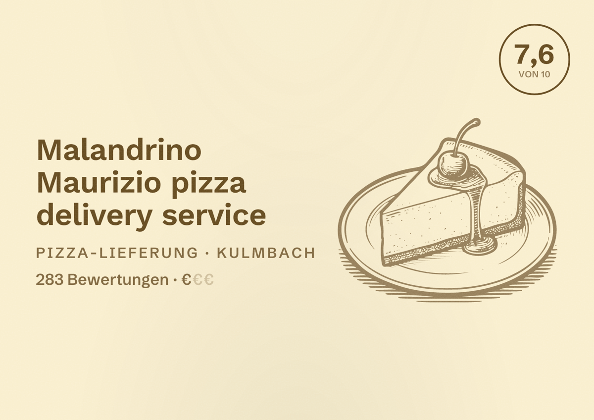 Illustriertes Poster von Malandrino Maurizio pizza delivery service, Pizza-Lieferung in Kulmbach: Bewertung 7,6 von 10 aus 283 Bewertungen, Preisniveau €
