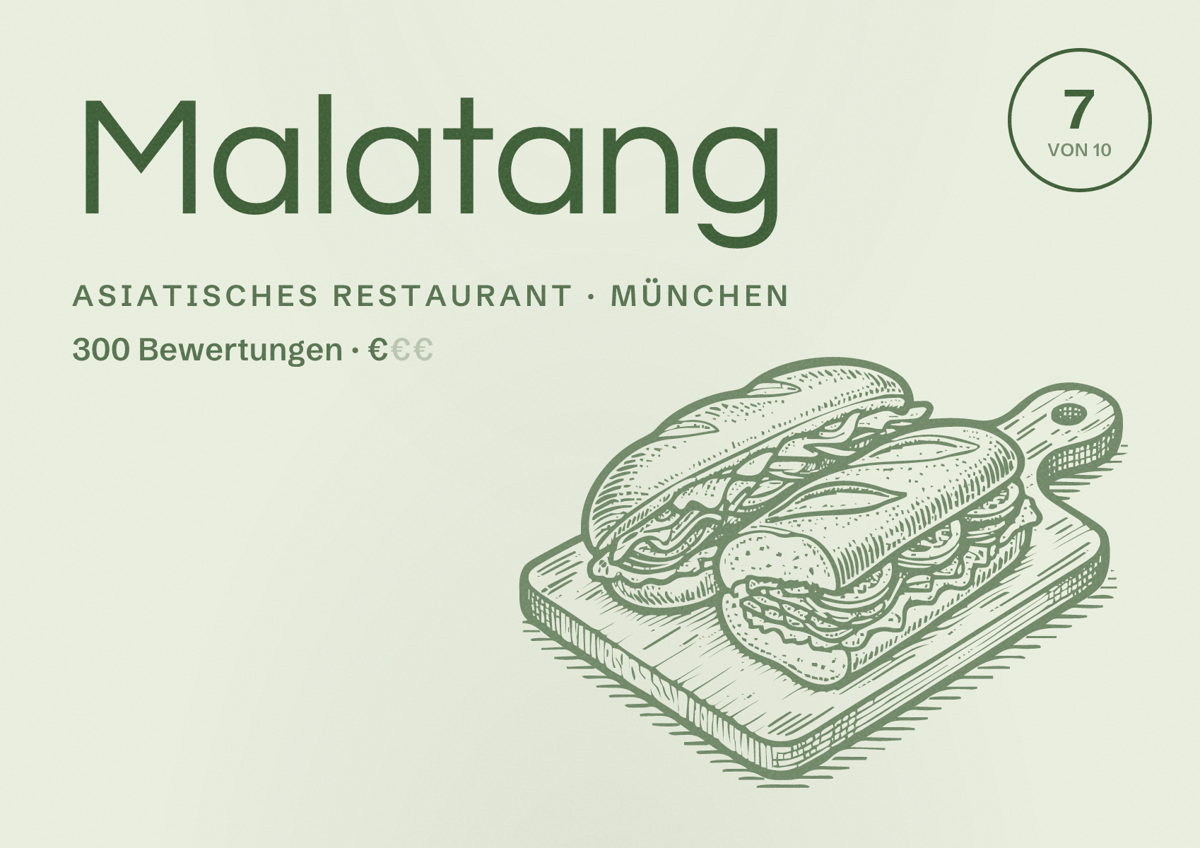 Illustriertes Poster von Malatang, Asiatisches Restaurant in München: Bewertung 7,0 von 10 aus 300 Bewertungen, Preisniveau €