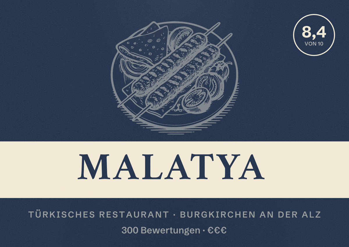 Illustriertes Poster von MALATYA, Türkisches Restaurant in Burgkirchen an der Alz: Bewertung 8,4 von 10 aus 300 Bewertungen, Preisniveau €€€