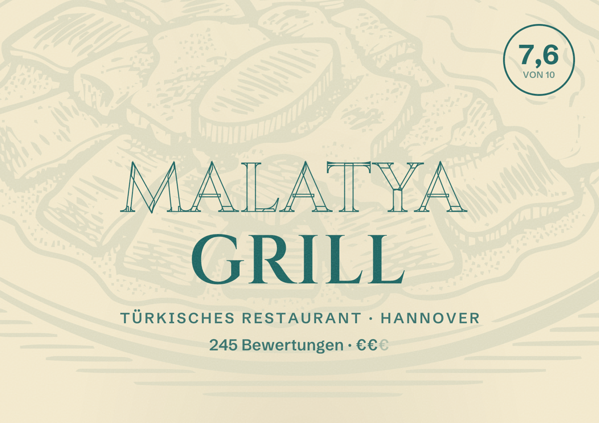 Illustriertes Poster von Malatya Grill, Türkisches Restaurant in Hannover: Bewertung 7,6 von 10 aus 245 Bewertungen, Preisniveau €€