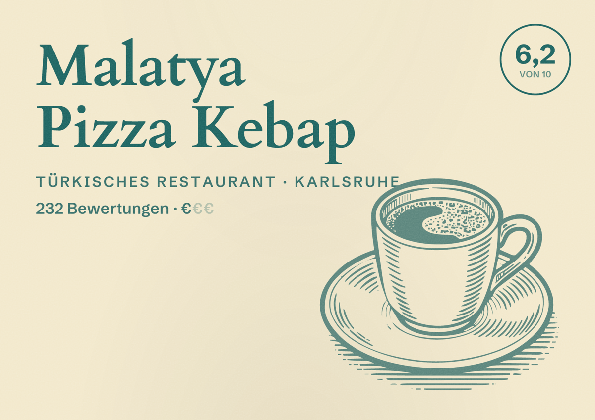 Illustriertes Poster von Malatya Pizza Kebap, Türkisches Restaurant in Karlsruhe: Bewertung 6,2 von 10 aus 232 Bewertungen, Preisniveau €