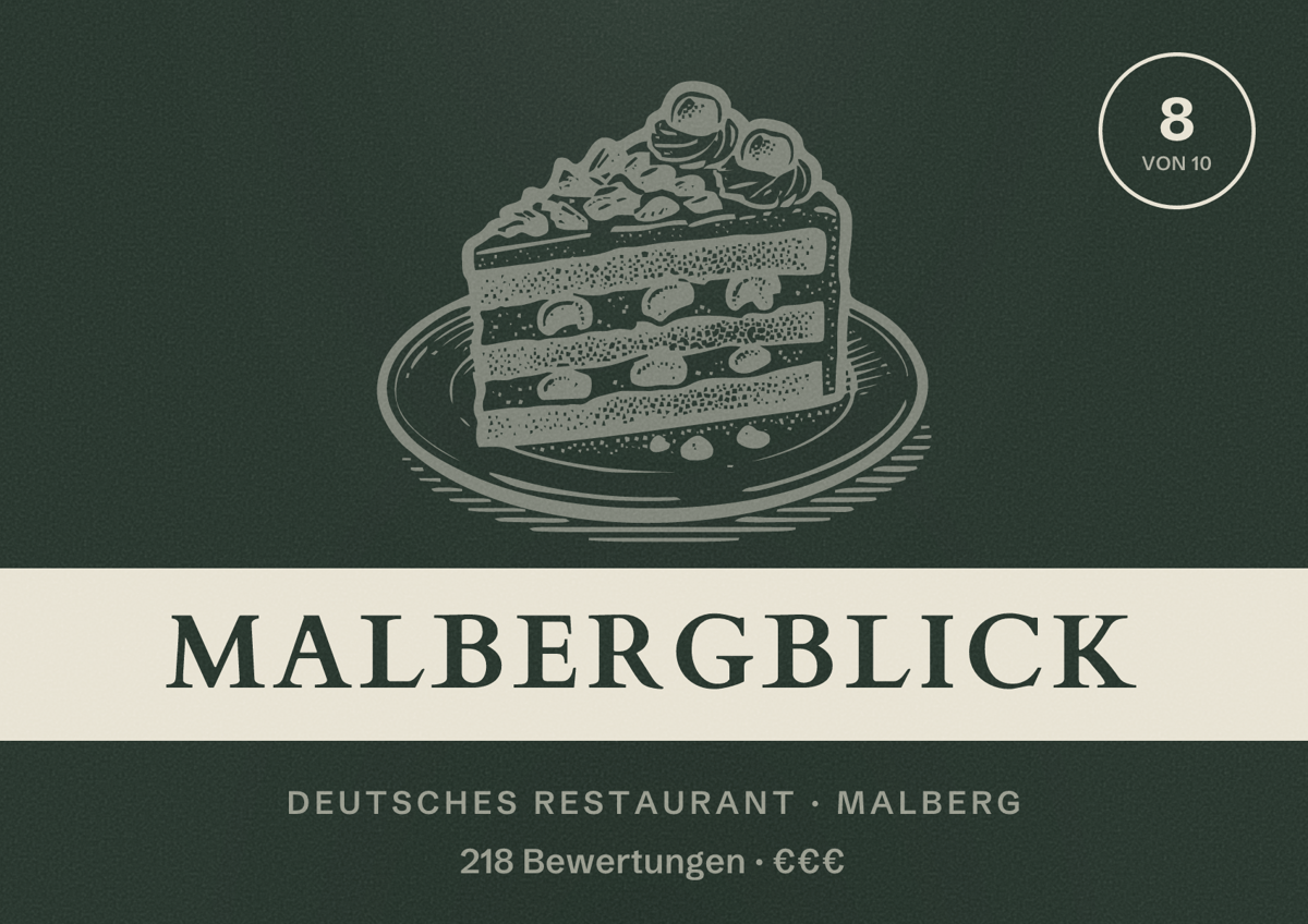 Illustriertes Poster von malBERGBLICK, Deutsches Restaurant in Malberg: Bewertung 8 von 10 aus 218 Bewertungen, Preisniveau €€€