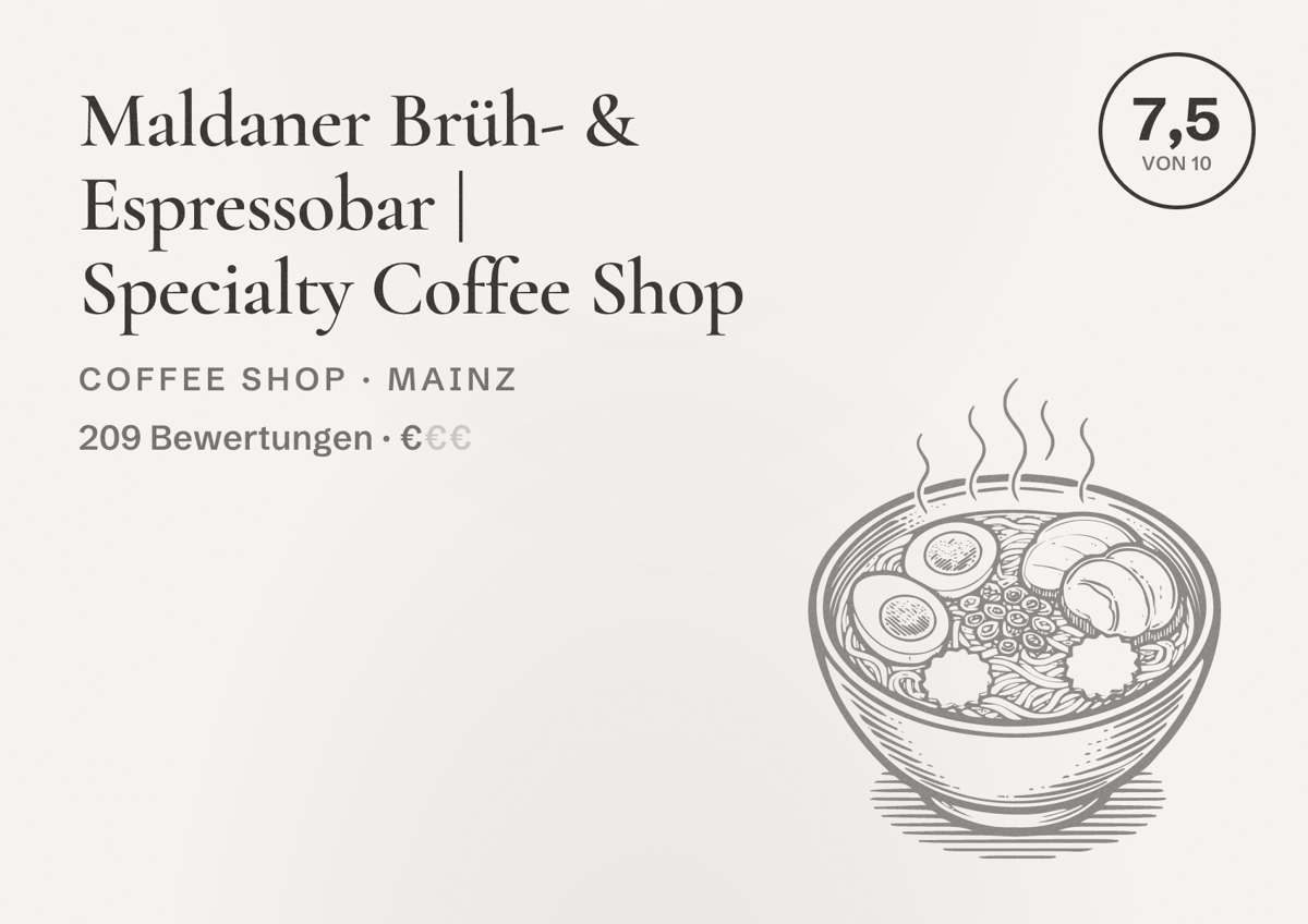 Illustriertes Poster von Maldaner Brüh- & Espressobar | Specialty Coffee Shop, Coffee Shop in Mainz: Bewertung 7,5 von 10 aus 209 Bewertungen, Preisniveau €