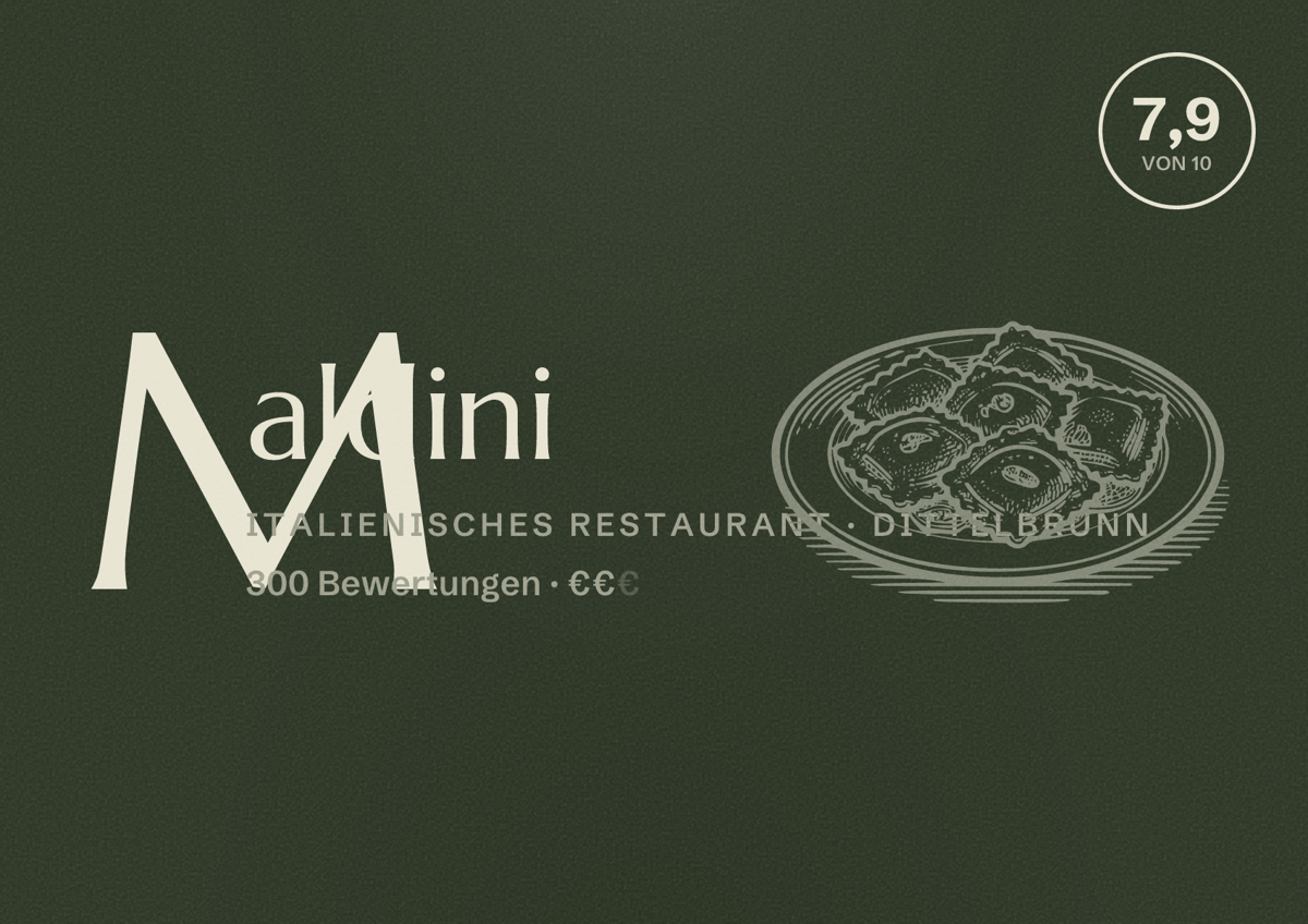 Illustriertes Poster von Maldini, Italienisches Restaurant in Dittelbrunn: Bewertung 7,9 von 10 aus 300 Bewertungen, Preisniveau €€